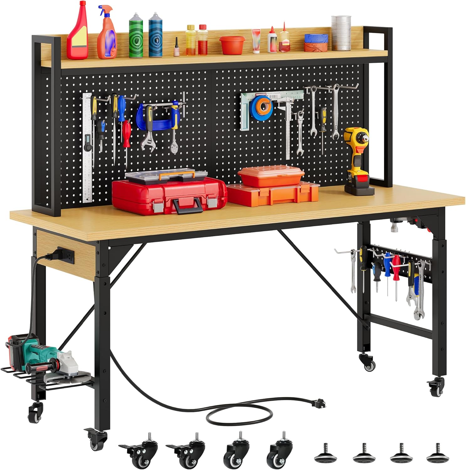 Woodworking Work Table - 60 inç Ayarlanabilir Tezgah, Pegboard'lı, Ağır