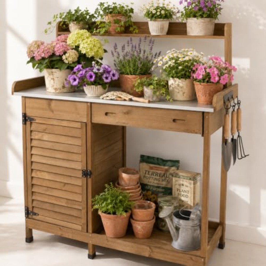 Woodworking Work Table - Saklama Dolaplı, Metal Masa Üstü/Çekmece/Kancaları/Açık Rafları