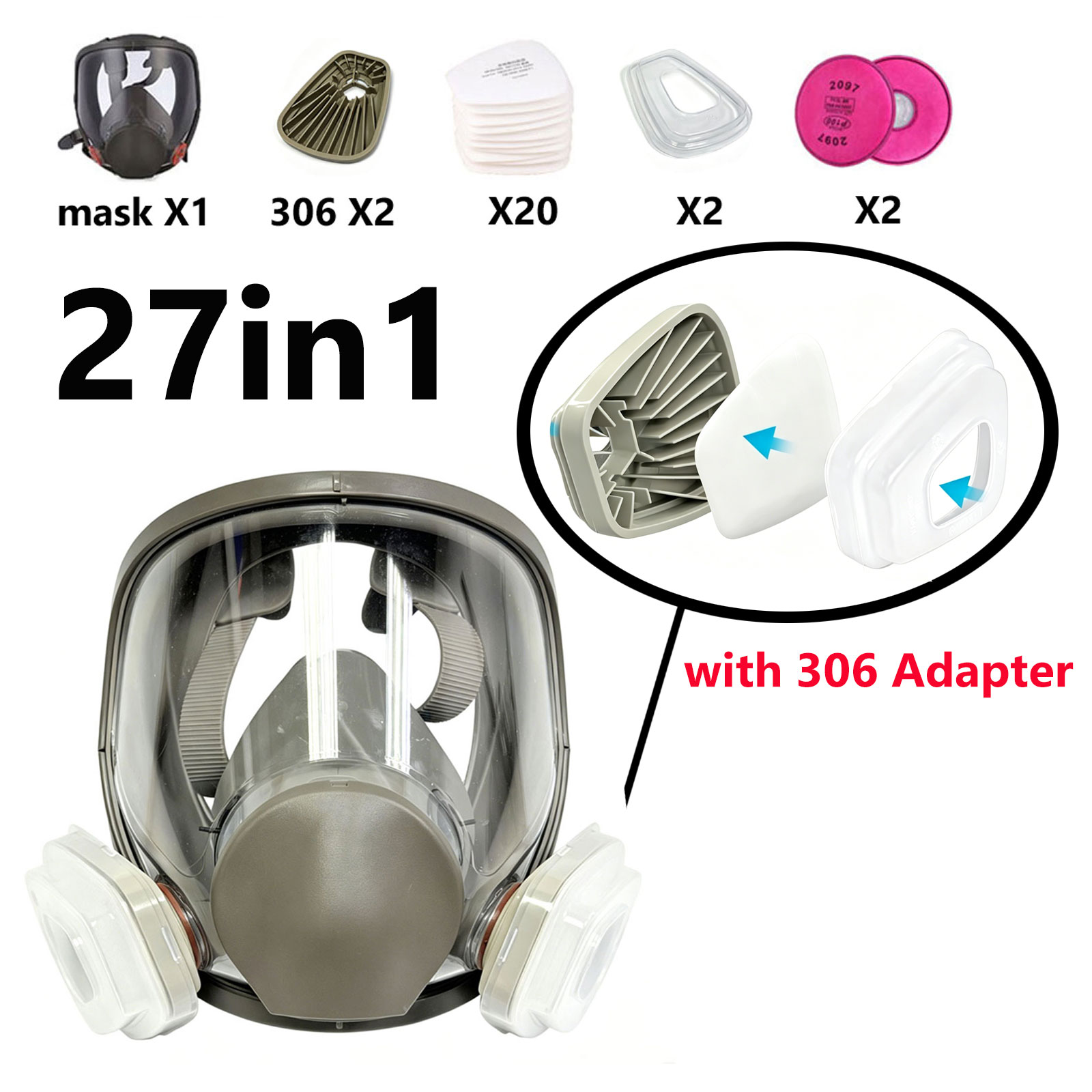 Woodworking Respirator - 306 Filtre Adaptörlü 6800 Tam Yüz